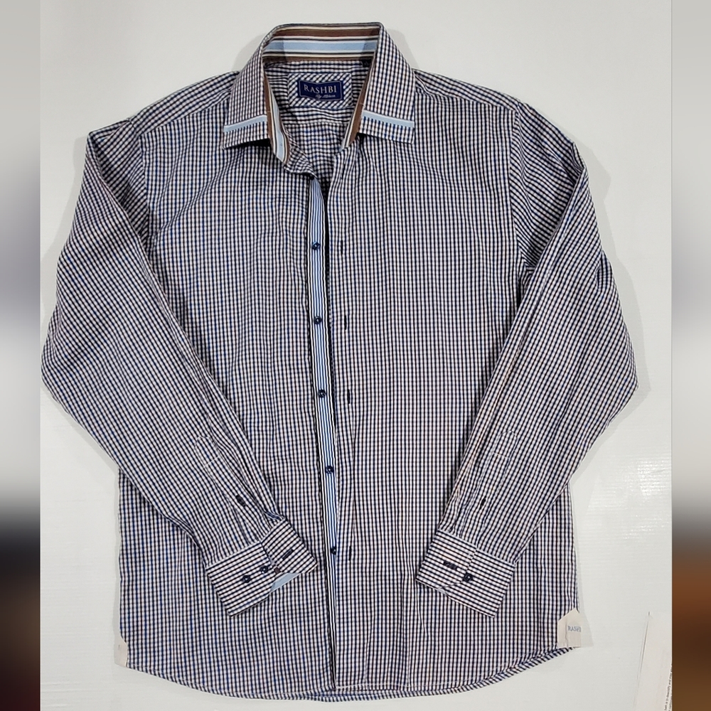 Men's dress shirt, blue, brown, white check